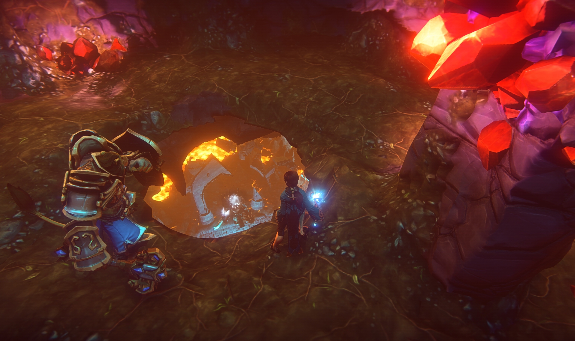 Warrior_and_Wizard_looking_down_at_Void_Goliath_in_a_cavern_below